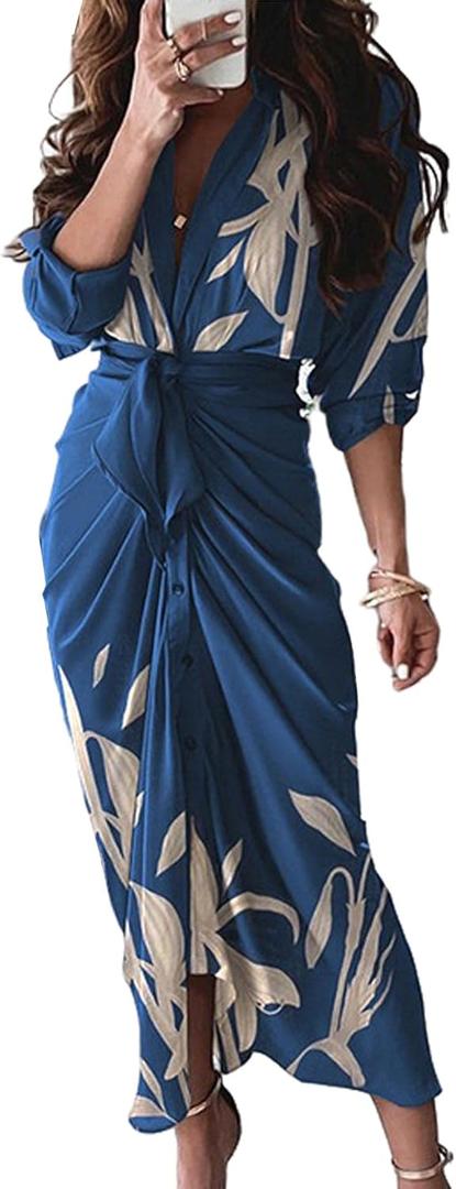 FYEARFOX Women's Button Down Shirt Dress Ruched Split Maxi Dresses Long Sleeve Wrap V Neck Tie Waist Party Clubwear(2XL)