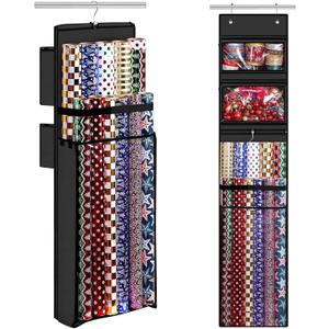 Woodoulogy Wrapping Paper Organizer Storage, Double-Sided Hanging Gift Wrap Roll Holder for Christmas, 63"x13" Over Door Present Bag Container for Room Closet, Black Wrapper Station for Birthday