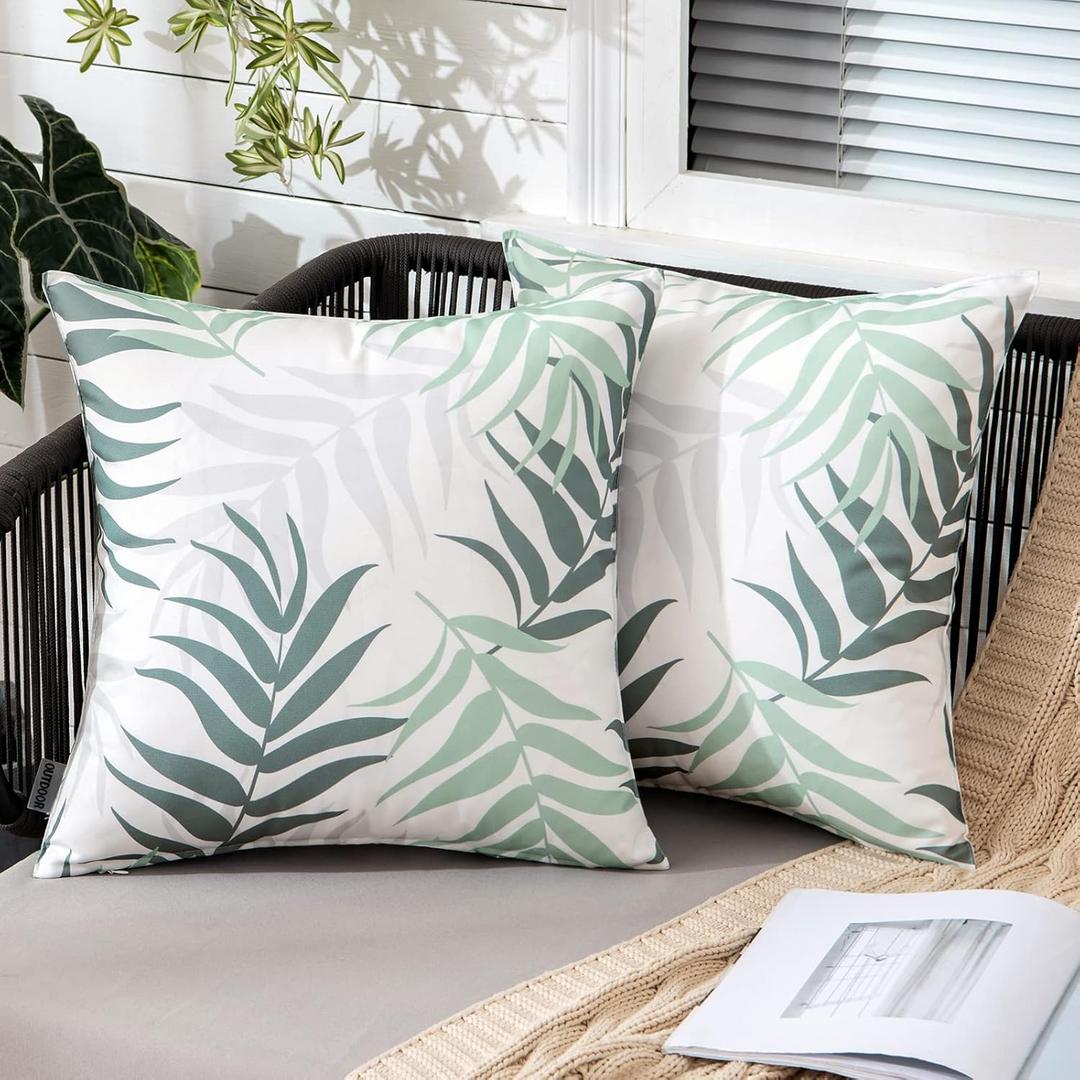 MIULEE Pack of 2 Spring Outdoor Waterproof Throw Pillow Covers Decorative Patio Pillow Cases Natural Leaves Pattern Spring Square Cushion Shams Shell for Garden Balcony Couch 18x18 Inch, Greyish Green