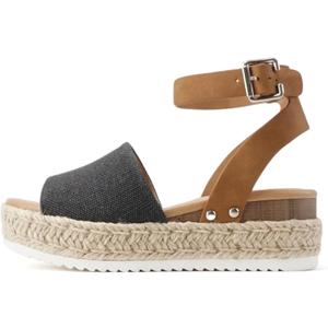 Soda Topic Open Toe Buckle Ankle Strap Espadrilles Flatform Wedge Casual Sandal (7, Black Canvas/Tan)