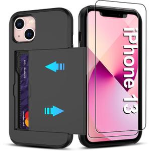 Pilaru for iPhone 13 Case with Card Holder【2 Pcs HD Screen Protector】 i Phone 13 Case Slim Heavy Duty Dual Layer Shockproof Design【Hidden Card Slot 】 Wallet Case for iPhone 13 Phone Case -Black