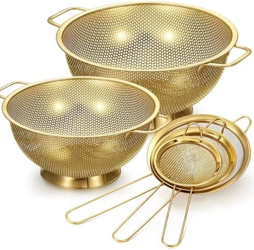 Baderke 2 Pcs Gold Strainers and Colanders Set Including 4/5 Quart Stainless Steel Colanders with Handles and 3 Pcs Fine Mesh Strainers for Kitchen Draining Rinsing Pasta Vegetables Rice