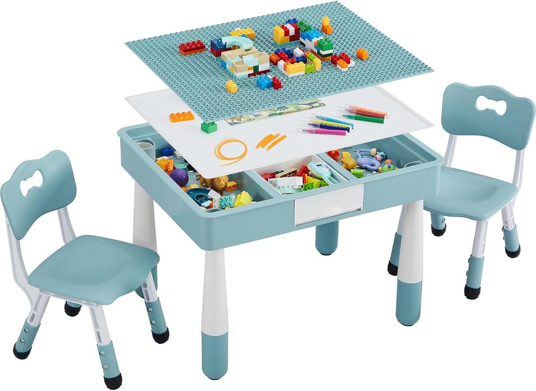 4 in 1 Kids Table and 2 Chairs Set, Toddler Table and Chair Set for Kids Ages 3-10, Activity Tables for Building Blocks/Drawing/Reading/DiningGift for Boy & Girl (Grayish Blue)