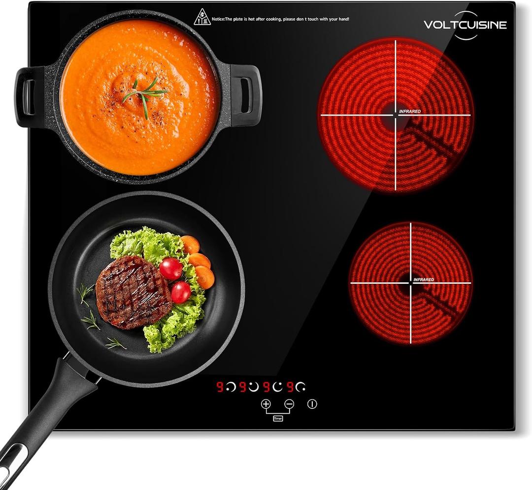 24" Electric Ceramic Radiant Cooktop, 6000W Built-in 4 Burner Stove Top with 9 Heat Levels, Timer & Child Safety Lock, Hard-Wearing Glass Surface (220–240V)