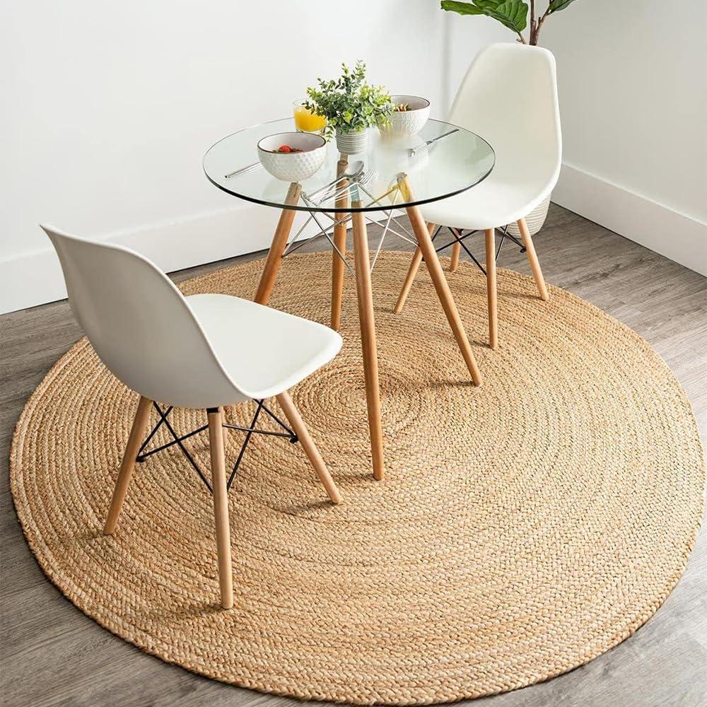 GRUHUM Handwoven Jute Area Rug - 8 feet Round - Natural Fiber - Rustic Vintage Beige Braided Reversible Rug - Eco Friendly Rugs for Bedroom - Kitchen - Living Room - Farmhouse (8'ft Round)