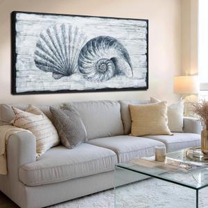 VAYIMDH Large Blue Seashell Canvas Wall Art, Coastal Nautical Artwork for Living Room 29"x58"