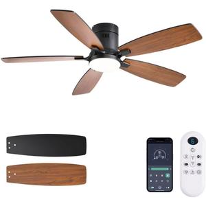 52inch Ceiling Fans with Lights, Low Profile Ceiling Fan with Light and Remote Control/APP Control, Flush Mount, Reversible Motor, Dimmable, Noiseless, Brown Ceiling Fan for Bedroom (Brown)