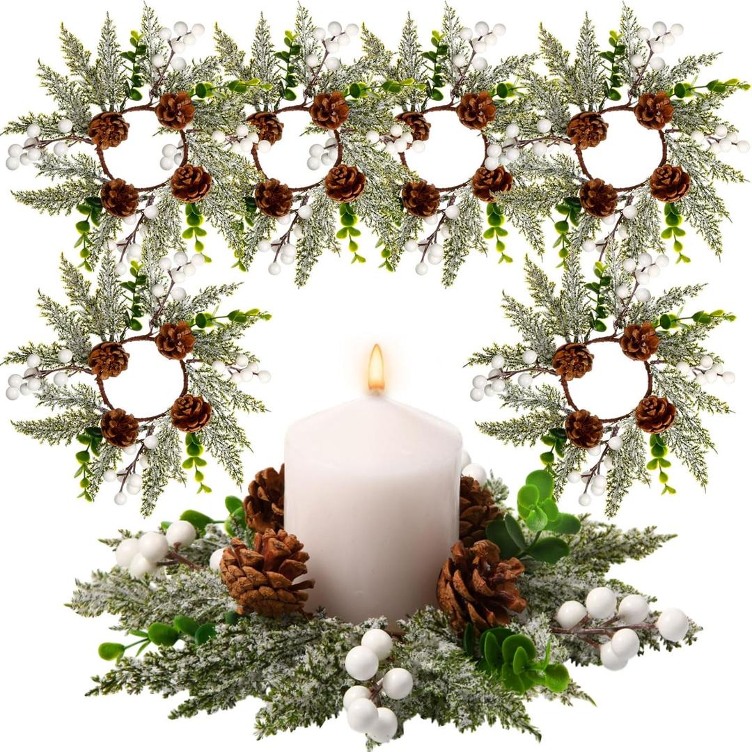 6 Pcs 8" Christmas Candle Rings Wreath Snowy Pine Garland Artificial White Berries and Pine Cones Wreaths Candle Ring Holder for Christmas Wedding Festive Home Table Decoration