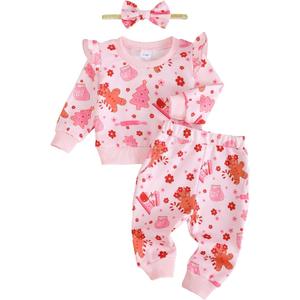 Mioglrie Toddler Baby Girl Clothes Fall Winter Sweatsuit Newborn Sweatshirt Sweat Pant Sets Outfits Infant Girls Clothing (6-12 Months, Pink Christmas)