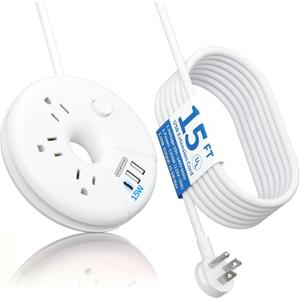 i-Donut Extension Cord 15FT, NTONPOWER Long Extension Cord with 3 USB Ports(1 USB C), 3 Outlets, Flat Plug Extension Cord with Switch, Travel Power Strip for Home, Office, Dresser, Dorm Room, White