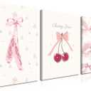 Coquette Pink Bows Wall Art Set of 3 Cute Hot Pink Cherry Wall Decor Trendy Pastel Teen Girl Lips Canvas Poster Prints Kawaii Girly Pictures for Dorm Bedroom Living Room Framed 16x24 inch