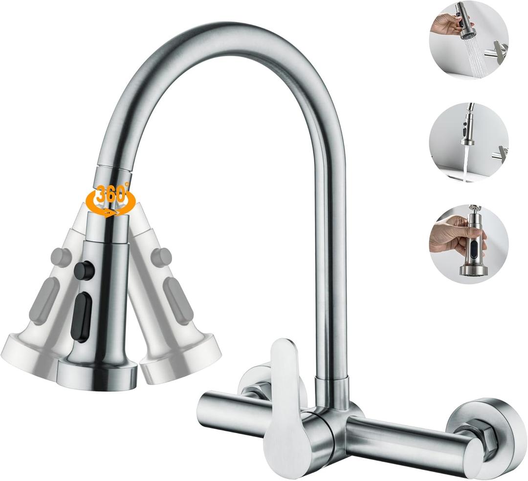 LIWEIKE Wall Mounted Kitchen Faucet with Sprayer 360 Degree Swivel Wall Mount Kitchen Faucets 8 Inch Center Single Handle Commercial Sink Faucet,Bruhsed Nickel