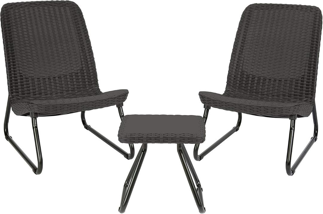 Keter Rio 3 Piece Resin Wicker Patio Furniture Set with Side Table and Outdoor Chairs for Front Porch and Backyard Decor, Dark Grey