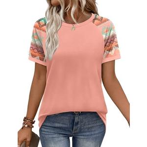 WIHOLL Womens Summer Tops Color Block Short Sleeve Raglan Shirts Spring Fashion Clothes Vacation Outfits Size Large