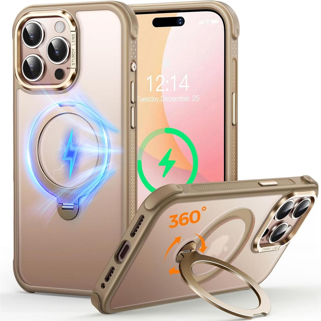 O3 Mag-Stand Designed for iPhone 15 Pro Case with 360 Spin Stand, [Compatible with MagSafe][Super Skin Feeling] Translucent Matte Magnetic Slim Phone Case 6.1 inch, Desert Gold