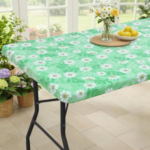 Smiry Rectangle Table Cloth Cover, Waterproof Elastic Fitted Picnic Tablecloth for 6 Foot Tables, Wipeable Flannel Backed Vinyl Tablecloths for Camping, Dining, Outdoor (Green & White, 30" x 72")
