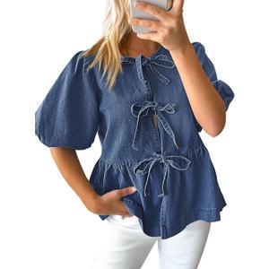 Tankaneo Womens Denim Tie Front Tops Babydoll Peplum Puff Sleeve Jean Shirts Crew Neck Summer Casual Bow Blouses (XX-Large, Blue)