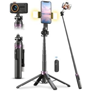 53'' Selfie Stick Tripod with Light, Enhanced 4-Leg Cell Phone Stand Camera Tripod with Rechargeable Wireless Remote & 2 Fill Light, Portable Selfie Stick Travel Essentials for iPhone Android (Black)