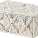 Decorative Boho Storage Baskets with Lid Bohemian Macrame Jewelry Box Handmade Natural Cotton Rope Woven Bins Memory Keepsake Photo Makeup Organizer Shelf Container (Off White, Large)