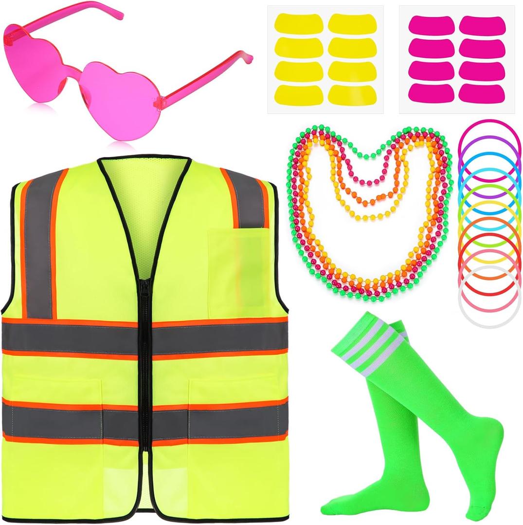 Neon Outfit Neon Costume Accessories Reflective Vest Sunglasses Necklace Bracelet for Glow Party Football Game (37# Fruit Green/White Bars)