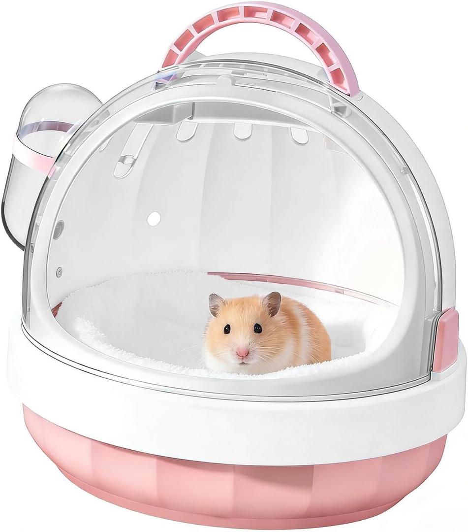 Portable Hamster Cage with Water Bottle and Cozy Pad - High Breathability Travel Carrier for Gerbils, Mice, Guinea Pigs, Gerbils & Small Pets (Pink)