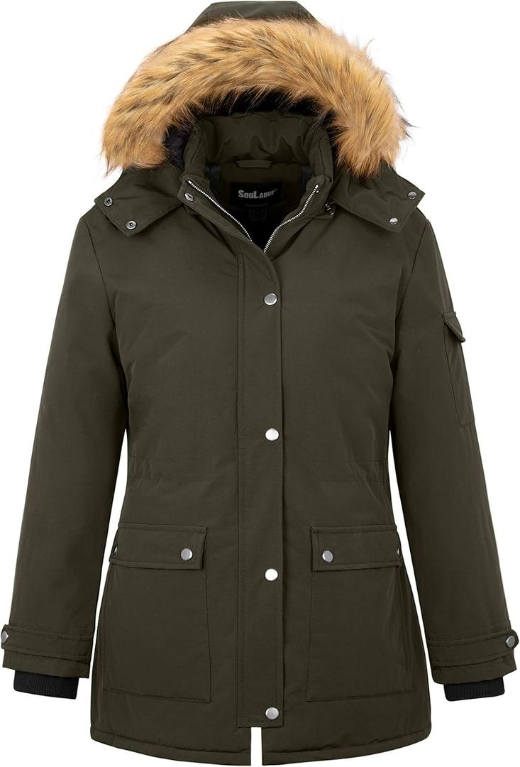 Soularge Women's Winter Plus Size Waterproof Thicken Puffer Coat with Faux fur Hood (4X, Army Green)