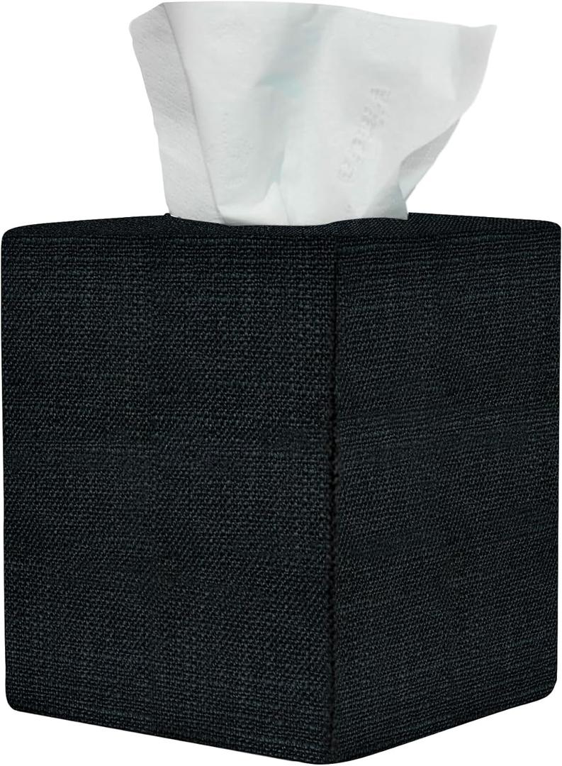 Black Tissue Box Cover, Cute Linen Fabric Decorative Square Tissue Box Holder/Organizer for Bathroom Vanity Countertop/Office/Nightstand/Desk