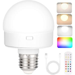 Rechargeable Battery Operated Light Bulb with Remote Control 1  Packs, 350LM Dimmable Detachable LED Bulb with 15 Colors Selectable & 3 Timer, Wireless Puck Light Bulb for Wall Sconce, Non-Hardwired