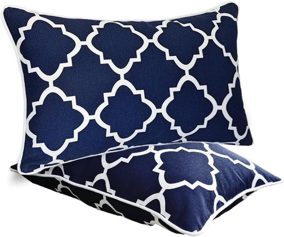JMGBird Water-Resistant Outdoor Pillows Set of 2, 12x20 inch Durable Navy Blue Grid Pattern Throw Pillows with Inserts for Patio Furniture (Blue and Black)
