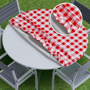 Sorfey Vinyl Fitted Tablecloth Cover, Checke Design, Flannel Backed Lining Fits Up-to 40-44 Round Tables Red