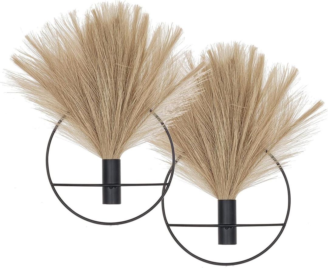 Pretty Jolly Boho Wall Decor, Wall-Mounted Metal Art, Hanging Artificial Pampas Display, Living Room, Bedroom, Bathroom, Diningroom, Fake Faux Plant 2 Pack Black Brown (S 7.8inch (Black Ring), 01-pampas-coffee)