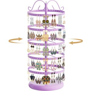 Modowey Rotating Earring Holder Organizer Stand, 5 Tier Metal Tree Display for Women Vendors, 220 Holes Adjustable Jewelry rack for Stud Hoop Dangle Storage, Trendy Carousel Keeps Dresser Neat, Purple