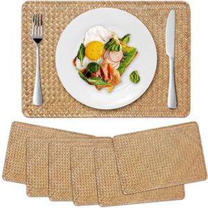 6 Pack Woven Placemats, Rectangular Rattan Place mats, Natural Seagrass Placemats, Farmhouse Wicker Table Mats for Dining Table