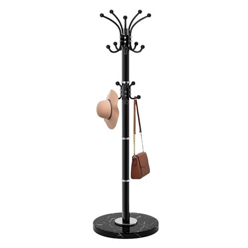 Waavryee Modern Metal Coat Rack Stand, Coat Rack Freestanding with Natural Marble Base, 360°Rotary Design Sturdy Coat Racks with 16 Hooks, White Coat Hall Tree Stand for Entryway (Black)