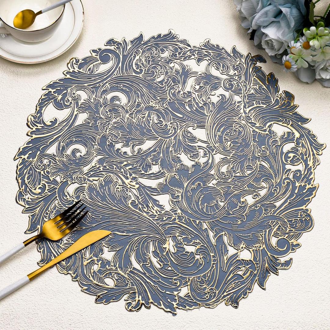Evevda 15 inch Gold and Blue Placemats Set of 6 Round Reusable Vinyl Kitchen Table Mats for Home Wedding Party Dining Table Decoration