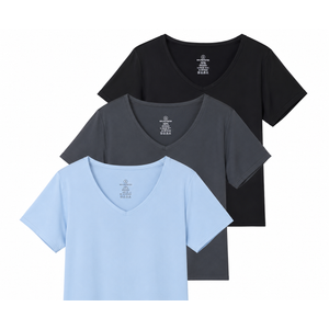 Real Essentials 3 Pack: Women's Dry-Fit Short Sleeve V-Neck Crop Top Boxy Athletic Tee (XL)