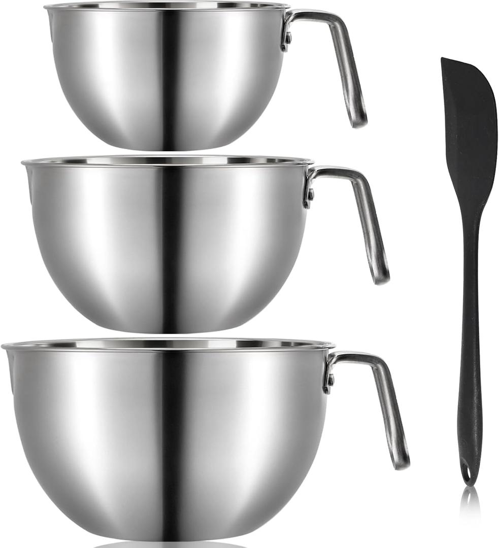 3 Pieces 304 Stainless Steel Mixing Bowls, 1.3/2.1/2.6 Quart Mixing Bowl Set with Handle, Pour Spouts & Measurement Marks, Metal Nesting Bowls with Silicone Spatula for Baking Cooking