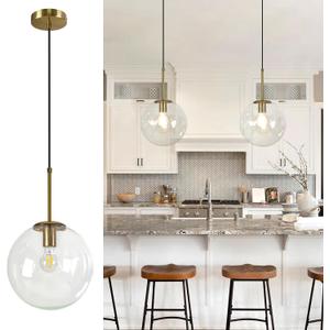 10" Globe Clear Glass Pendant Light, Mid Century Modern Light Fixture for Dining Room, Bedroom, Kitchen Island Lighting, Brushed Brass Gold
