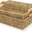 Wicker Storage Baskets for Shelves with Wooden Handles, Ella Seagrass Wicker Baskets for Shelves & Storage, Handwoven Seagrass & Water Hyacinth Baskets, Set of 2, Large, Natural