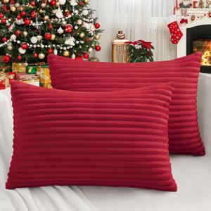 Simmore Decorative Throw Pillow Covers 12x20 Set of 2, Soft Natural Plush Flannel Double-Sided Fluffy Lumbar Pillow Covers for Couch Sofa Living Room, Red