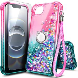 NGB for iPhone 16e & iPhone 17e Case, Glitter Liquid Sparkle Cute Cover for Women Girls Kids | with Tempered Glass Screen Protector & Ring Holder & Wrist Strap -Pink/Aqua