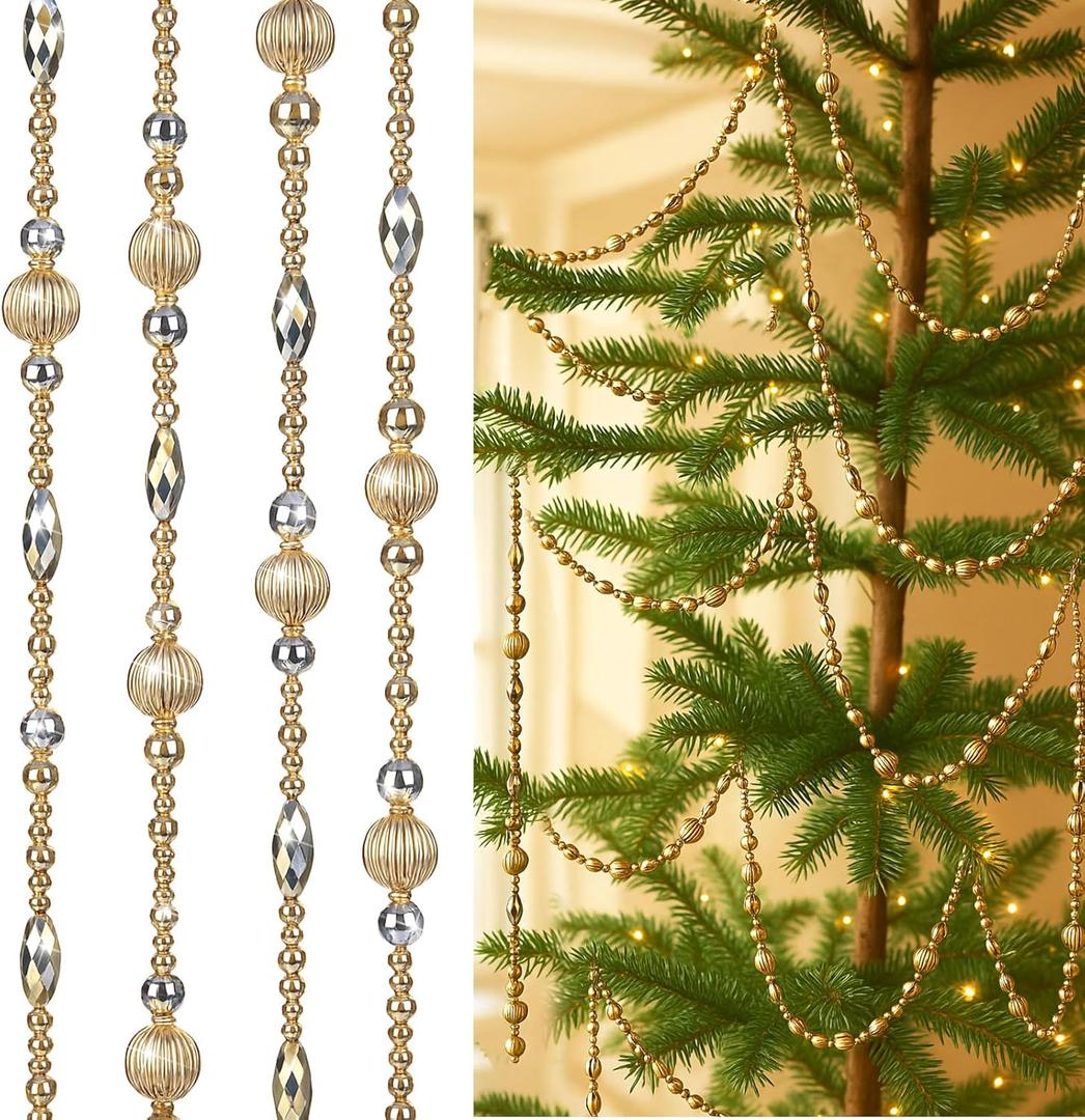 24 Feet Exquisite Christmas Tree Decor Acrylic Beads Xmas Tree Garland Multicolor Glitter Hanging Bead Decorations Garland for Trees Indoor Outdoor Home Decor Use(Gold)