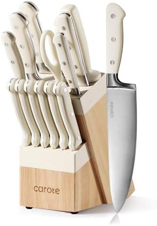 CAROTE 14 Pieces Knife Set with Block, Forged, High Carbon Stainless Steel Sharp Blade Block Knife Set, Dishwasher Safe Cutlery, Cream CAROTE 14 Pieces Knife Set with Block, Forged, High Carbon Stainless Steel Sharp Blade Block Knife Set, Dishwasher Safe Cutlery, Cream
