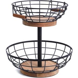 WILDMOS 2-tier Fruit Basket Bowl,Metal Basket with Wooden Base,Fruit and Vegetable Storage with Banana Hanger,Fruit Basket for Kitchen Counter Organizer.