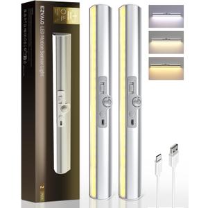 EZVALO 2 Pack Motion Sensor Closet Lights with No-Glare Design, Rechargeable Pantry Light, Rotatable Sensor, 90+CRI, 3 Color Temps & Dimmable Led Lights for Closet, Stairs, Hallway (15inch)