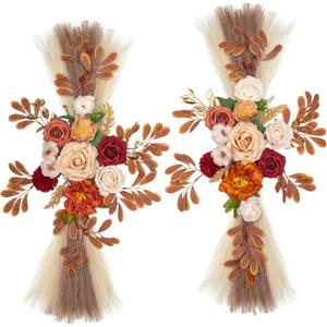 Lisuun Wedding Arch Flowers, Artificial Floral Decor for Wedding Ceremony & Reception, Standard Size Large Flower Swag Set for Backdrop & Welcome Sign, Pack of 2 (Autumn Chrysanthemum Pampas)