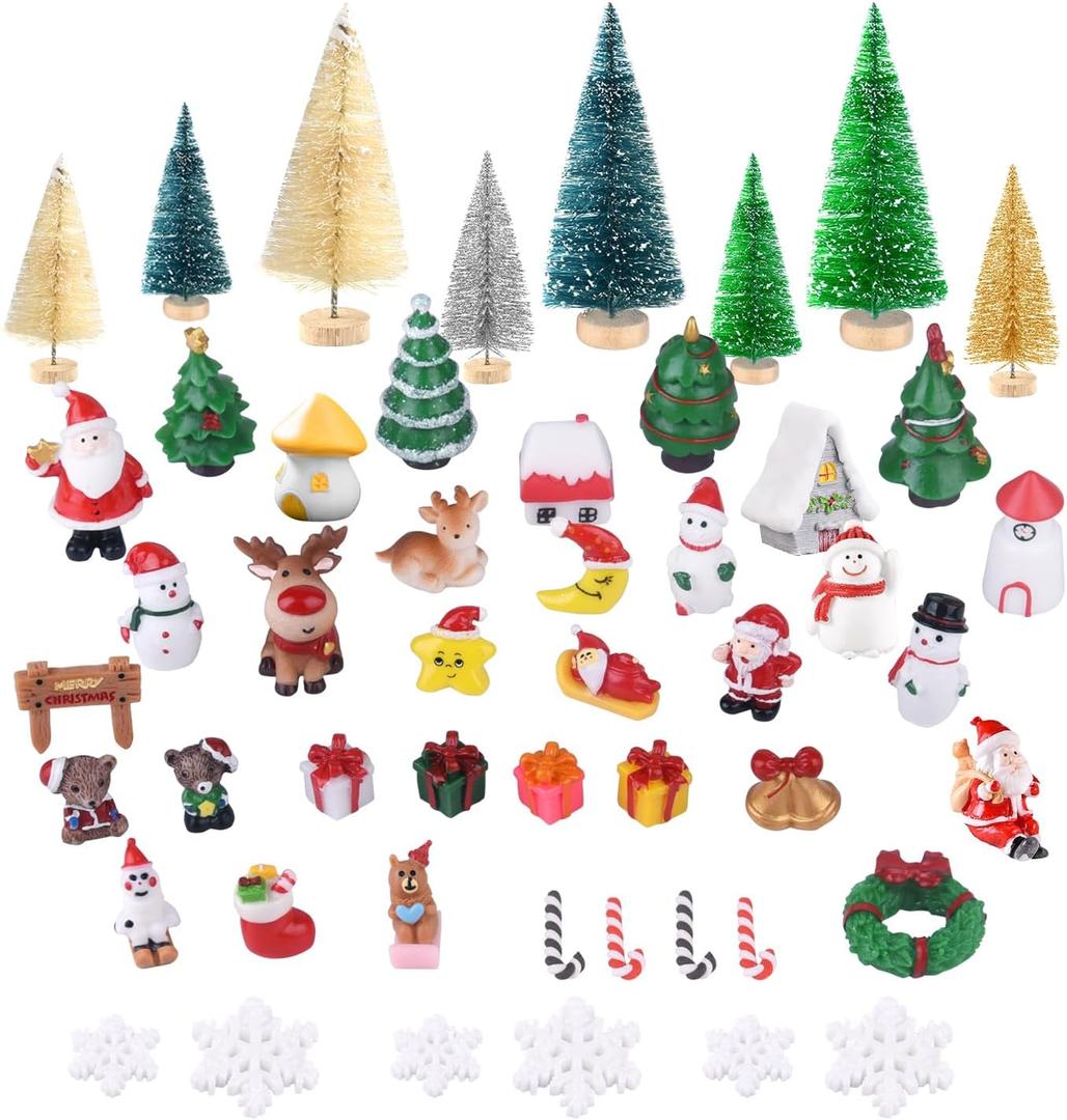 KUUQA 50 Pcs Mini Christmas Ornament Kits,Mini Christmas Trees Bottle Brush Trees with Resin Santa Claus, Snowman, Snowflake, Bell, Elk, Candy Cane for Christmas Party Supplies