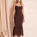 KUTUMAI Women Bodycon Long Formal Dress Asymmetric Hem Lace Neck Wedding Guest Cocktail Maxi Dresses (Brown, M)