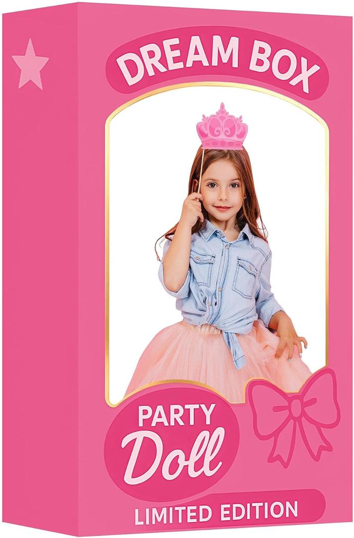 Pink Dream Box Photo Booth for Kids Girls – Sturdy Cardboard Princess Doll Display Stand with 5 Dress Up Accessories – No Assembly, Ready to Use Birthday Party Decoration