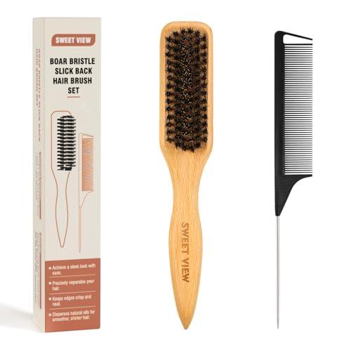 SWEET VIEW Boar Bristle Slick Back Hair Brush for Smooth Flyaways, Frizz, Sleek Ponytail, Buns and Edge Baby Hair, Teasing | Gel Comb Styling Accessories for Girls, Kids and Women, Wood Color